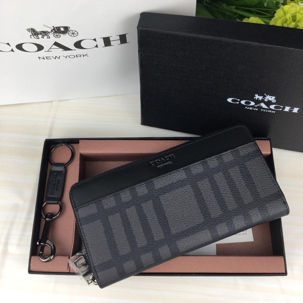 Ví dài COACH F58316 kẻ sọc có khóa kéo thời trang cho nam