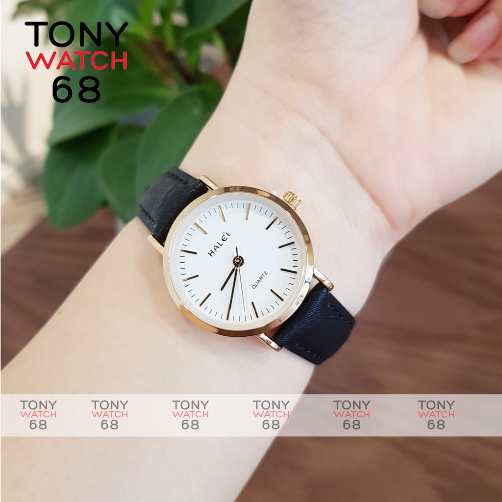 Đồng hồ nam Halei dây da nâu mặt số vạch chính hãng Tony Watch 68