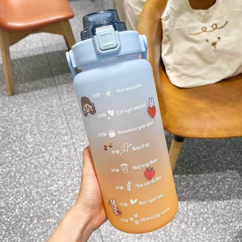 Bình nước chia vạch 2 lít  kèm ống hút, bình nước chia vạch nhắc giờ uống nước - tặng sticker 3D