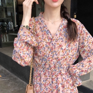 (ORDER) Váy voan hoa sơn dầu dài tay nhẹ nhàng cổ V thắt nơ eo xòe dài vintage Hàn Quốc