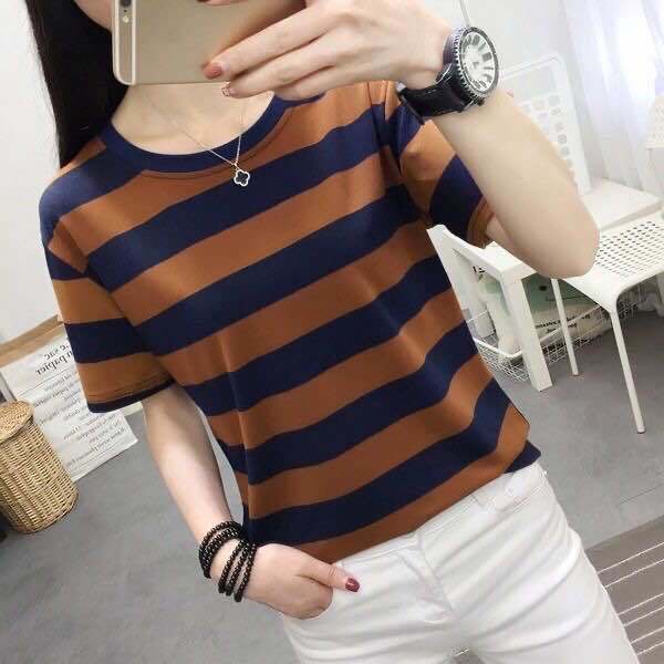 Áo Thun Tay Ngắn Dáng Rộng Họa Tiết Kẻ Sọc Thời Trang Cho Phụ Nữ Trung Niên
