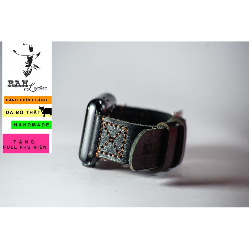 Dây apple watch da bò đen handmade bền chắc cực đẹp kiểu phi công RAM Leather simple X Pilot - tặng khóa chốt và adapter