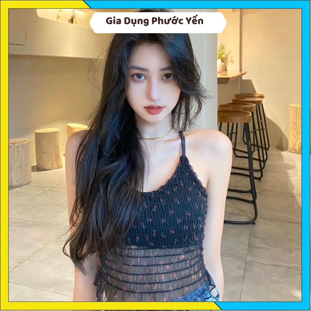 Áo lót bra 2 dây dáng lửng vải voan họa tiết hoa nhí thun lưng phong cách tiểu thư