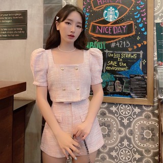 Áo tweed croptop ngắn tay hồng nhạt tingoan PINKLAND TOP/PK