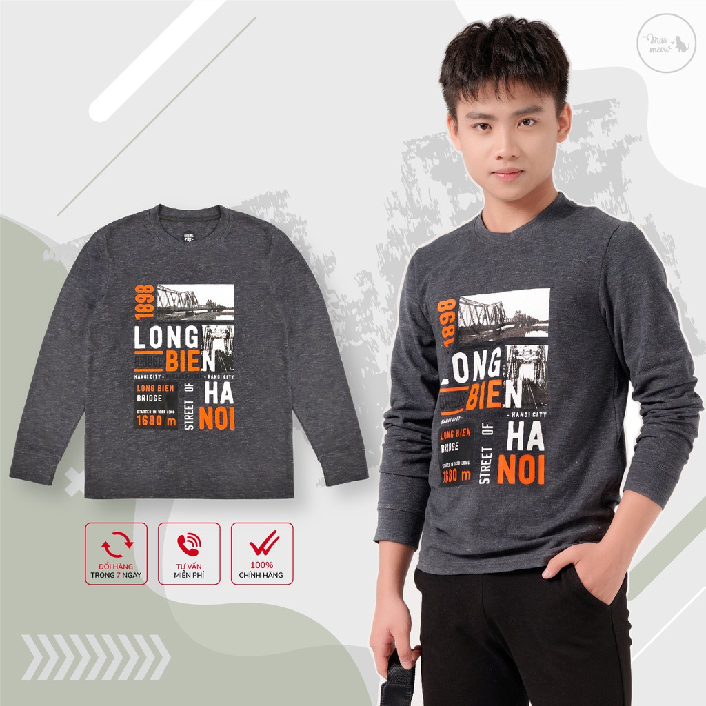 Áo bé trai BIGFOX - MISS MEOW thu đông, áo dài tay cho bé size đại in chữ Long Biên 40 - 52kg 12-15tuổi