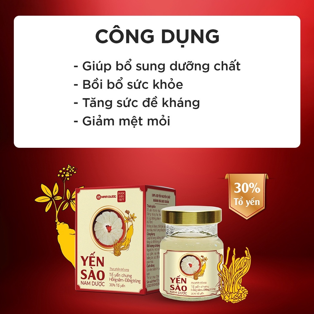 COMBO 10 hộp Yến sào Nam Dược lọ 70ml tổ yến chưng hồng sâm đông trùng hạ thảo bồi bổ, tăng sức đề kháng