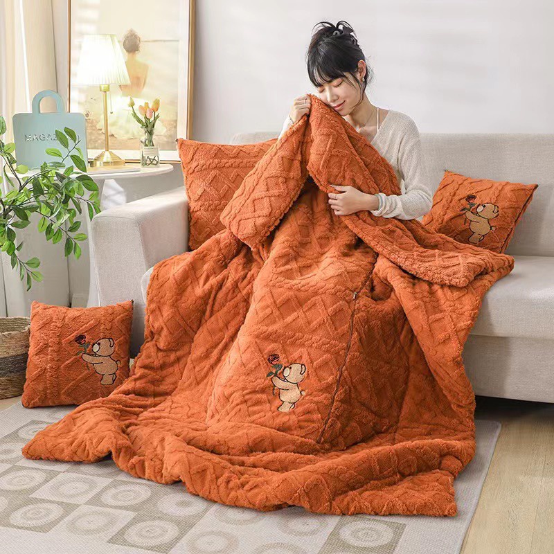 Bộ chăn gối văn phòng 2in1 gấp gọn mẫu mới 2022 , Chăn mền gối tựa đa năng chất liệu len lông cừu siêu ấm cho mùa đông