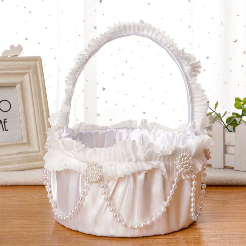 Giỏ Hoa Cưới Bằng Satin Có Tay Cầm Màu Trắng Đính Ngọc Trai