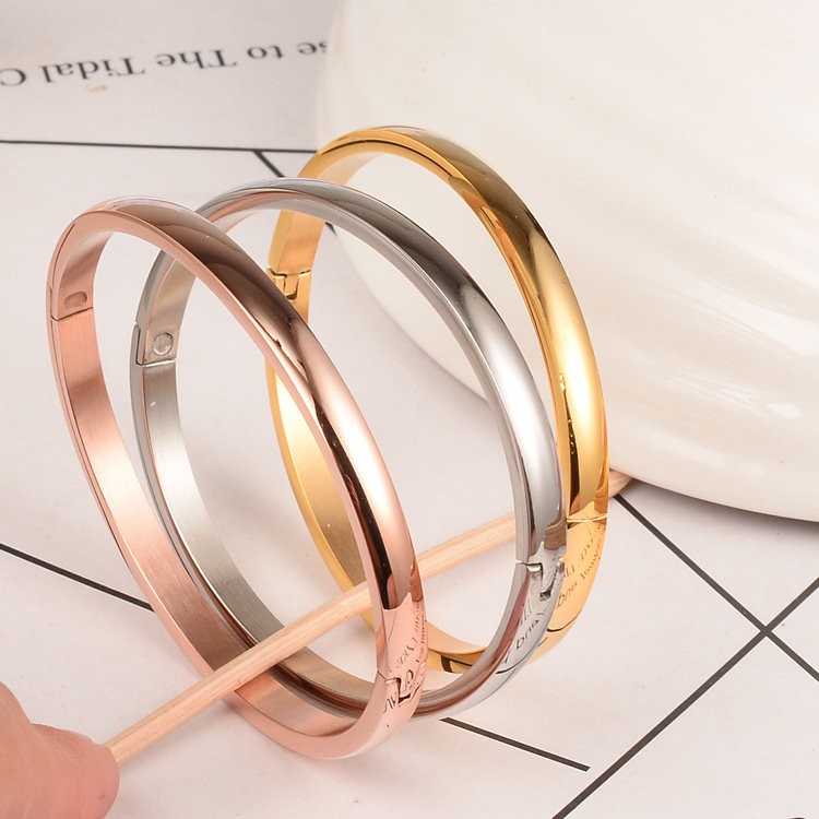 Vòng tay thép titan mạ vàng hồng 18K sáng bóng dày dặn hình bầu dục phong cách tối giản thời trang Hàn Quốc cho cặp đôi
