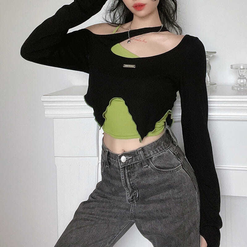 Áo Thun Crop Top 2 Mảnh Tay Dài Nhuộm Màu Phong Cách Cổ Điển Thời Trang Đường Phố Cho Nữ Y2k