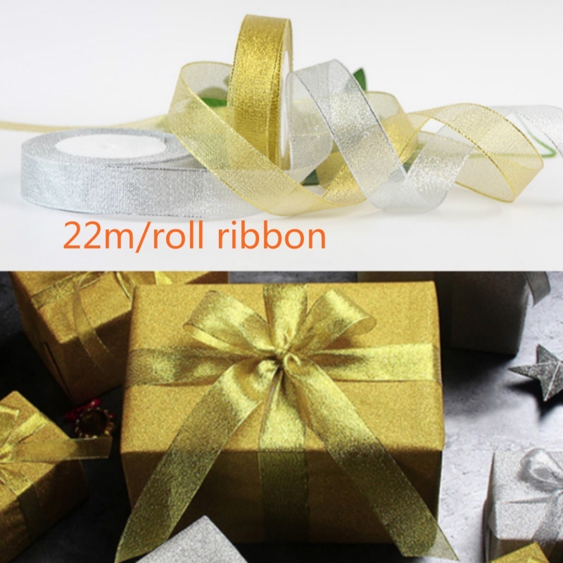 Cuộn Dây Ruy Băng Kim Tuyến Màu Vàng / Bạc 6 / 10 / 12mm X 22m Dùng Gói Quà