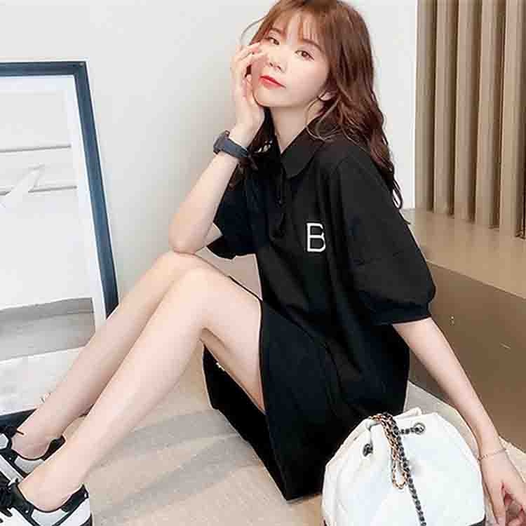 Đầm cotton dáng suông cổ sơ mi chữ B Váy thun tay bồng đỏ đen