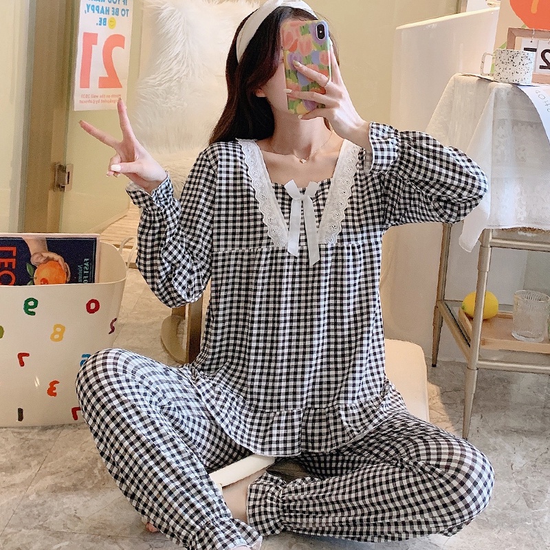 Phụ Nữ Bộ Đồ Ngủ Chất Liệu Cotton Dài Tay Mùa Thu Dịch Vụ Nhà Phù Hợp VớiQSM-6603#Màu Đen Kẻ Sọc Thu Đông Dài Tay Phối R
