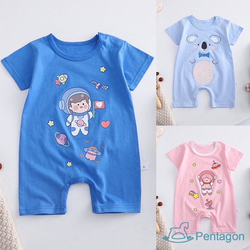 Bộ Áo Liền Quần Cotton Ngắn Tay In Họa Tiết Hoạt Hình Phong Cách Hàn Quốc Cho Bé