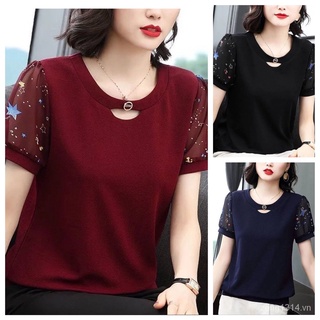 Áo thun tay ngắn bằng vải voan dáng suông thích hợp cho phụ nữ trung niên cỡ lớn