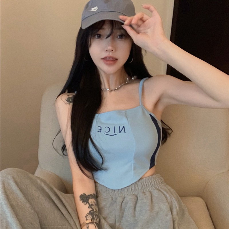 Áo hai dây dáng lửng thêu chữ phong cách Hàn Quốc trẻ trung dành cho nữ