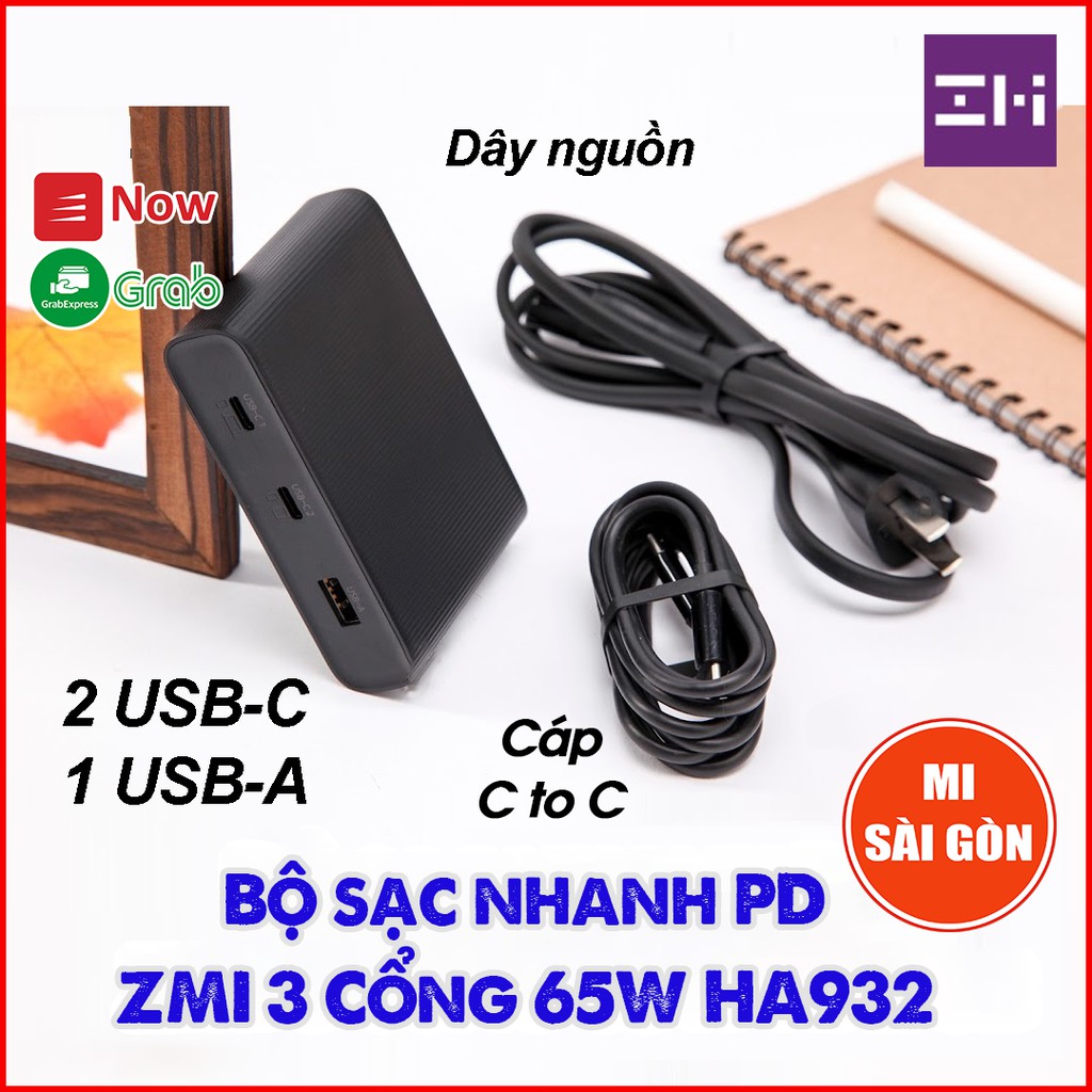 Bộ sạc PD ZMI 3 cổng 65W HA932 ( ĐEN) ( 2 Cổng USB-C, 1 Cổng USB-A ) Gồm Sạc và Cáp USB-C to USB-C