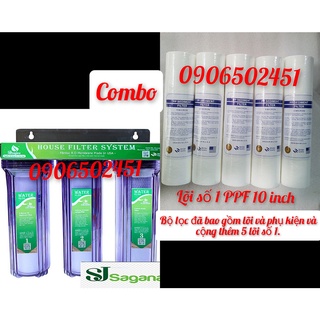 COMBO Bộ lọc nước sinh hoạt - lọc thô 3 cấp ly 10 inch chuẩn dùng cho gia đình + 5 CÂY LÕI SỐ 1 PPF10