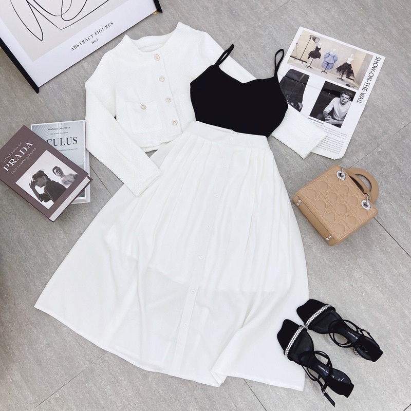 MS462 SET DẠ 3 MÓN : ÁO KHOÁC NÚT + ÁO LÓT ĐEN 2 DÂY + CHÂN VÁY MIDI