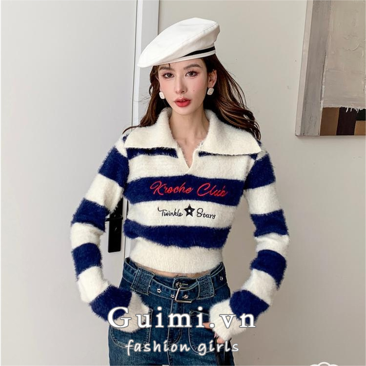 Áo Croptop Dệt Kim Tay Dài Hoạ Tiết Kẻ Sọc Màu Sắc Tương Phản