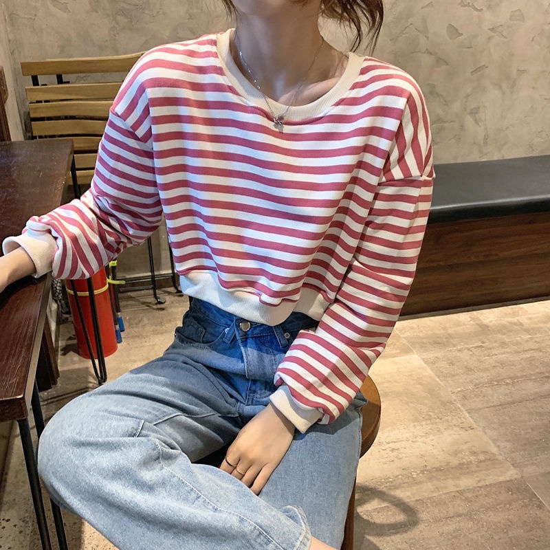 Áo Len Lửng Tay Dài Họa Tiết Sọc Ngang Thời Trang Hàn Quốc Cho Nữ
