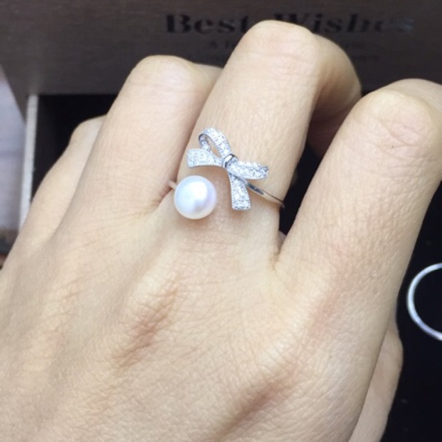 Nhẫn nơ freesize phối quả cầu trắng nhân tạo bạc thật mạ vàng siêu nét