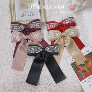 🎀 kẹp/ cột tóc nơ ribbon phối ren hoa trắng -