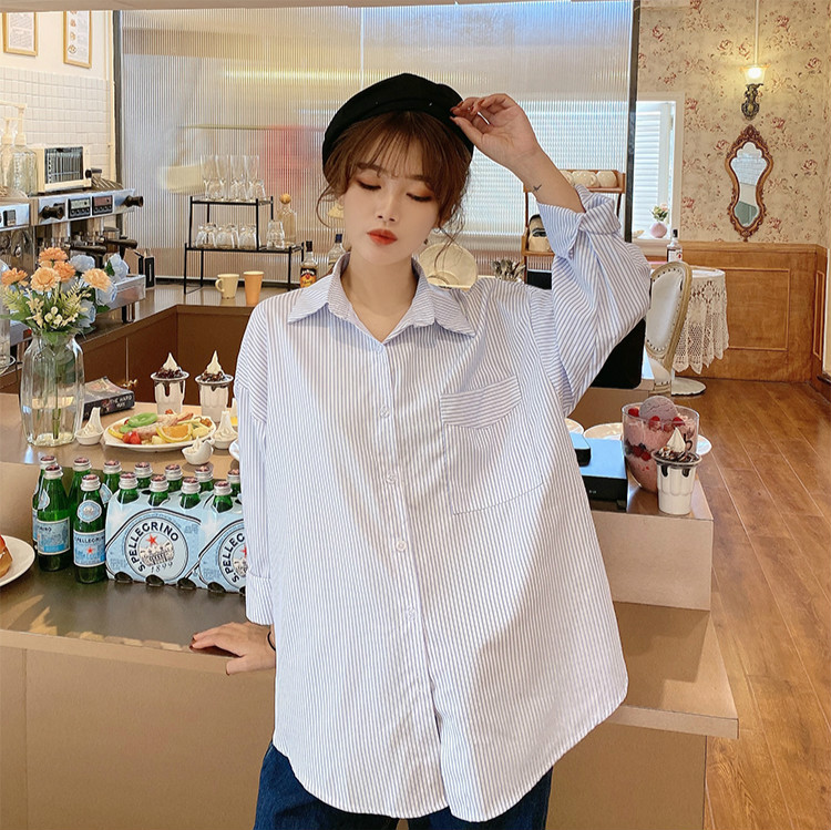 Áo Sơ Mi Tay Dài Hoạ Tiết Kẻ Sọc Phối Túi Thiết Kế Đơn Giản Dành Cho Nữ