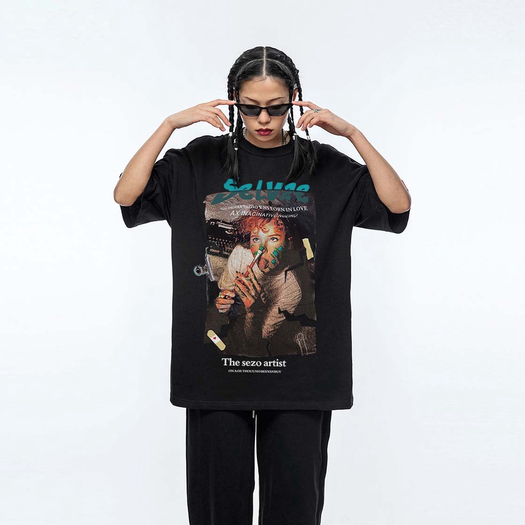 CLOT Áo phông nữ form rộng SELVZE tay lỡ vintage đen retro oversize unisex 100%cotton