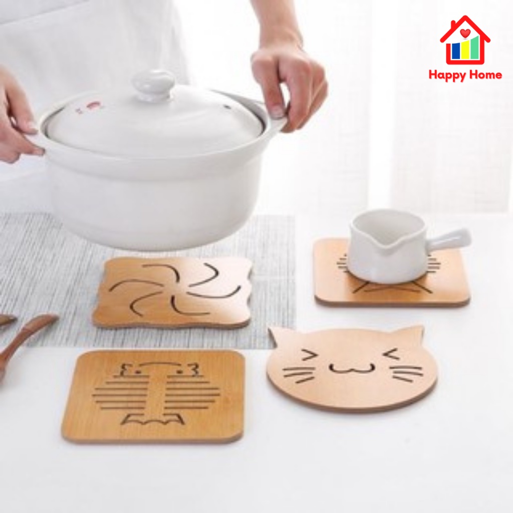 Miếng lót cốc, miếng lót nồi bằng gỗ dễ thương cách nhiệt tiện dụng Happy Home