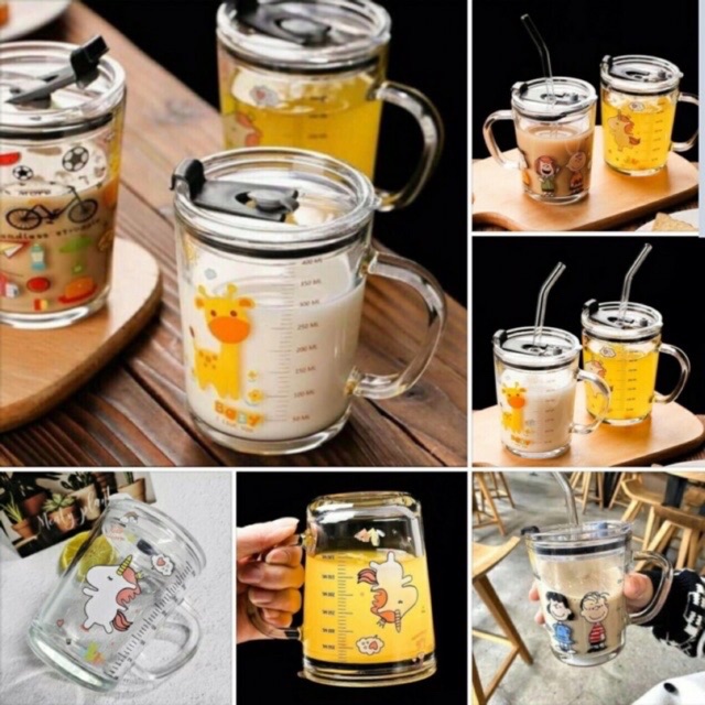 Ly thủy tinh chia vạch nắp đậy tặng kèm ống hút