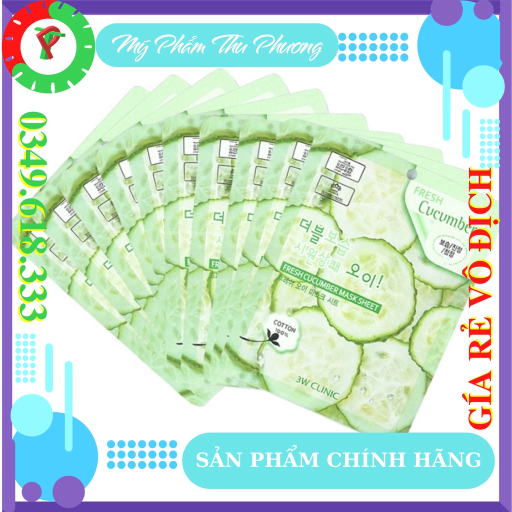 5 Mặt nạ dưỡng da thiên nhiên Dưa leo chuột Mỹ phẩm chăm sóc chính hãng Hàn Quốc 3W Clinic Fresh Cucumber Mask sheet