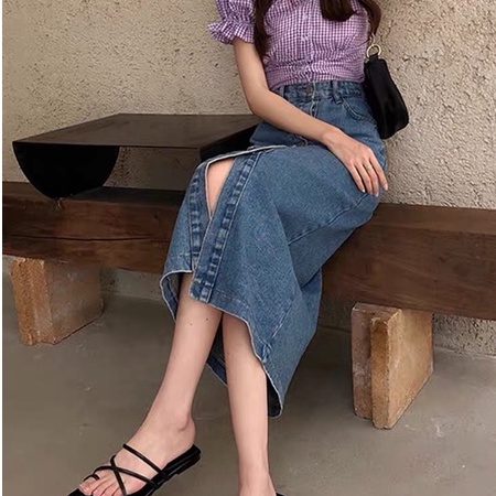 Chân Váy Cạp Cao Dài Qua Gối Xẻ Nổi Bật Phong Cách Ulzzang _a8