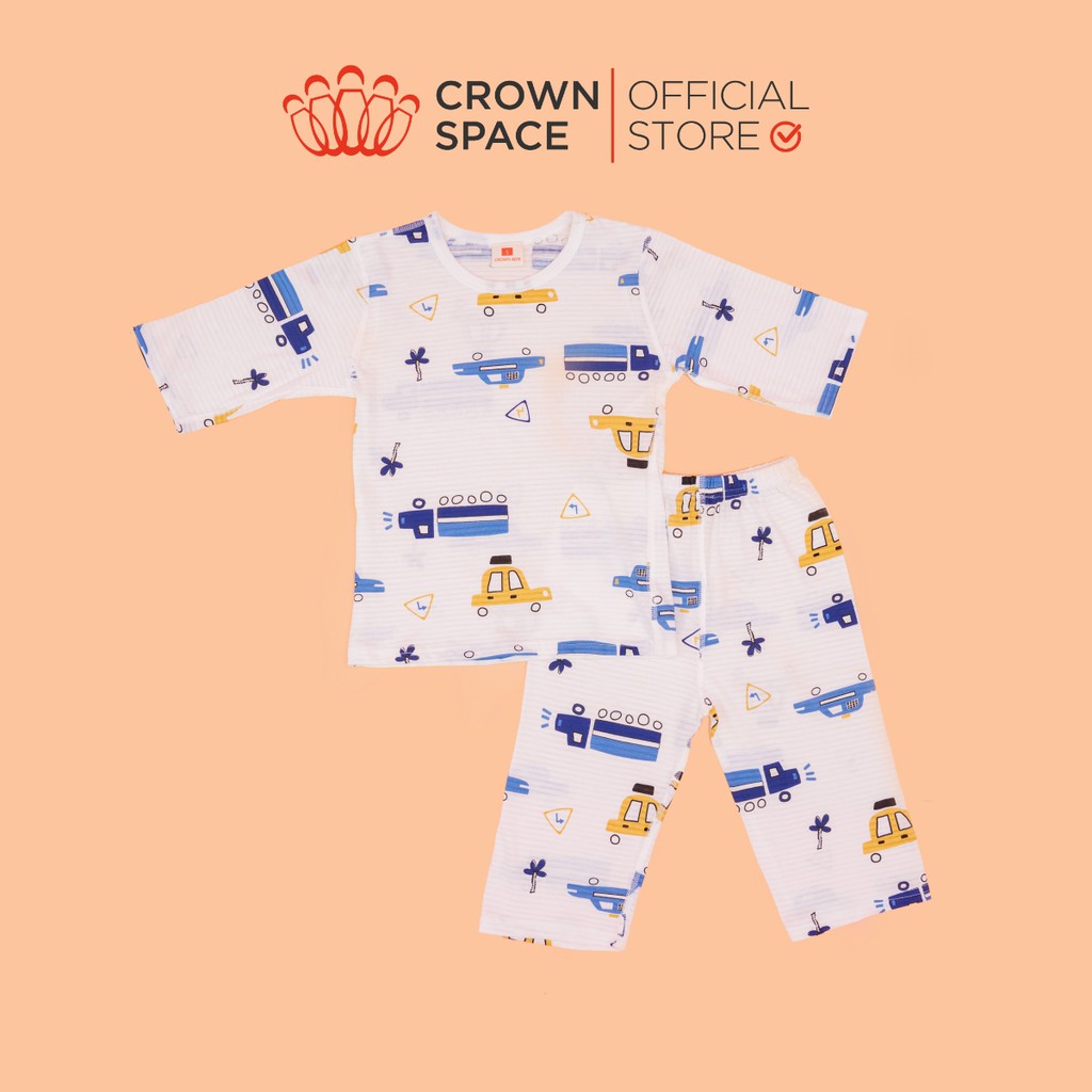 Bộ Ngủ Cho Bé Trai Chính Hãng Crown Kids Hình Ô Tô Size 3-7 Cotton Thoáng Khí CKBS2910521.W