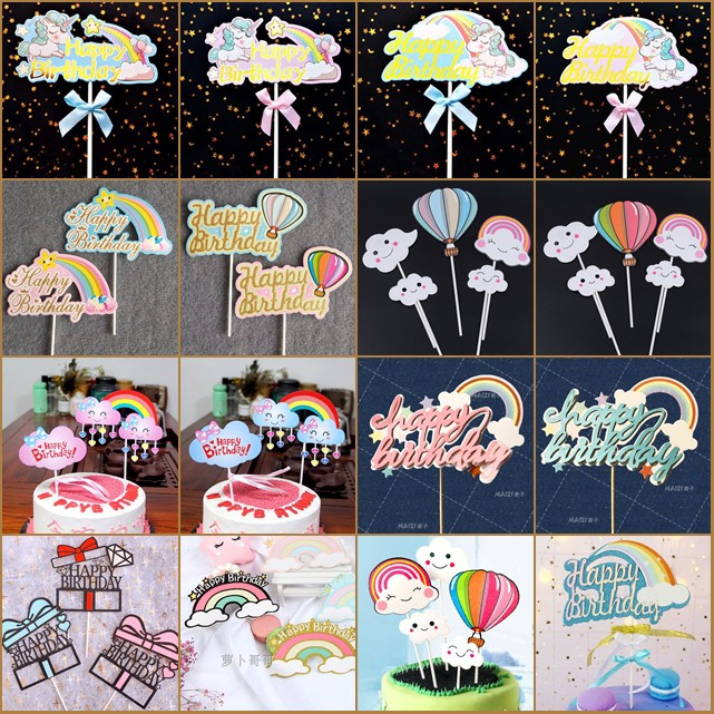 Phụ kiện trang trí bánh kem họa tiết kỳ lân/cầu vồng đáng yêu cho bé