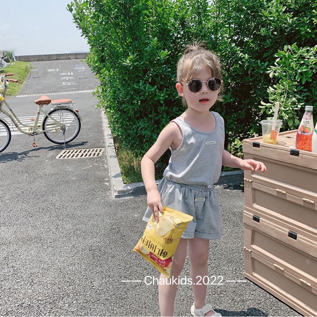Bộ ba lỗ bé gái, áo croptop Essent sát nách kèm quần đùi chất cotton tàu mát mẻ cho bé