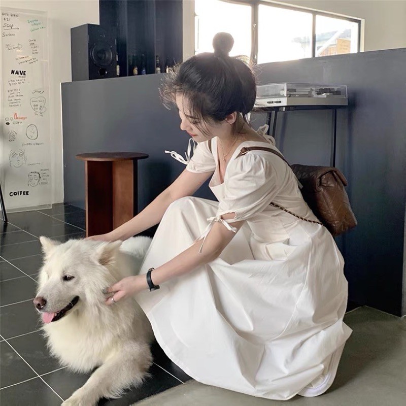 Đầm Váy Trắng Dáng Dài Cộc Tay Cổ Vuông Tay Nơ Mặc Dự Tiệc Đi Du Lịch Full Size S M L