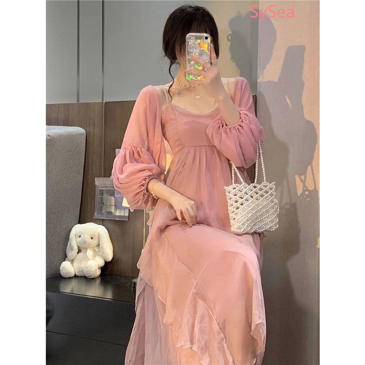 Set Đầm Hai Dây Vải Voan Phối Áo Khoác Cardigan Thời Trang Hè Thu Thanh Lịch Cho Nữ