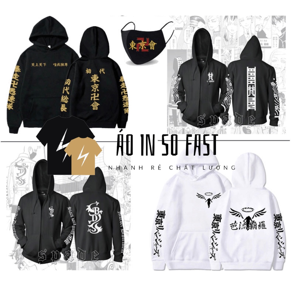 Áo hoodie nỉ có mũ Tokyo Revenger cá tính phong cách tặng kèm khẩu trang