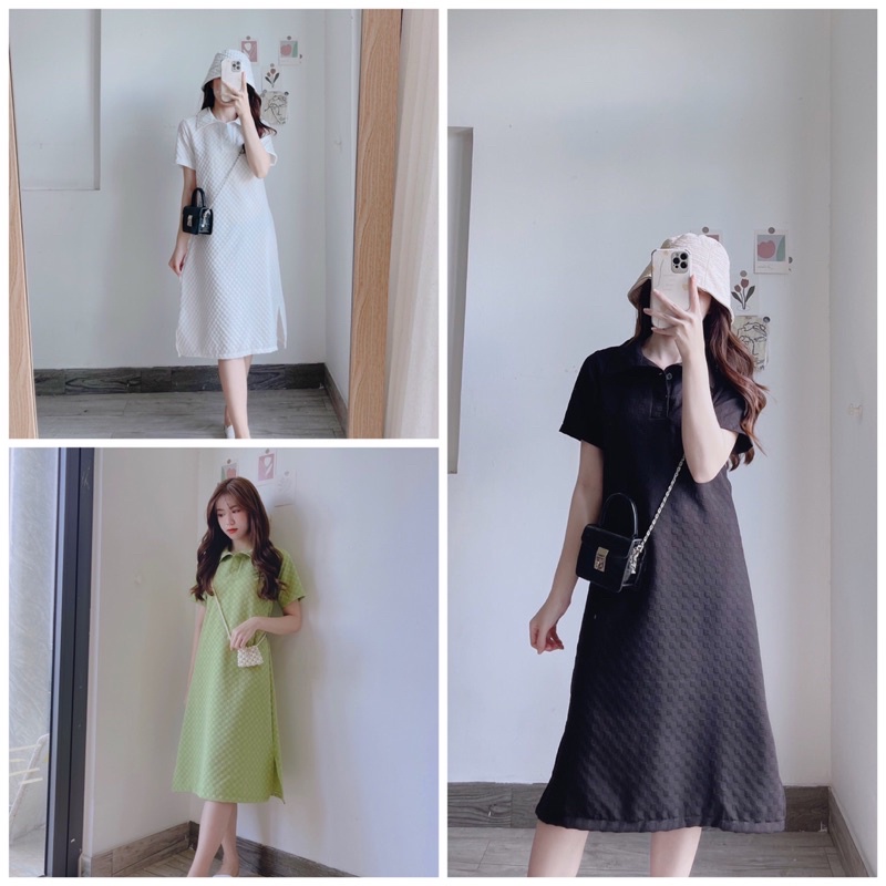 Váy polo dáng dài vải kẻ ô vuông