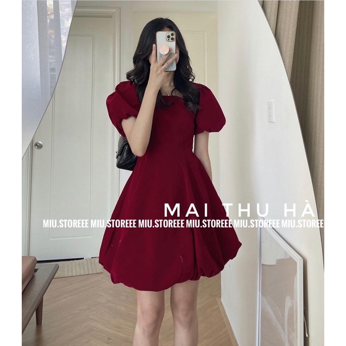 VÁY NHUNG TAY BỒNG XOÈ XINH MẶC TẾT VNTBXX