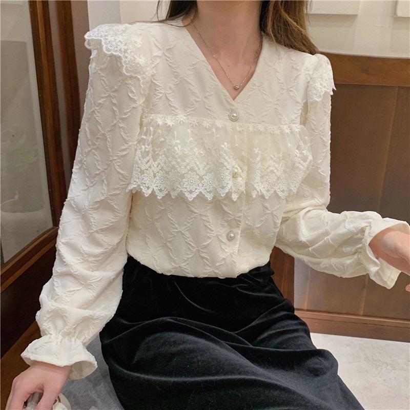 Áo Sơ Mi Nữ Vải Ren Voan Dày Nhăn Màu Trắng Be Cổ Bèo Tay Phồng Loe Nhẹ Nhàng Sang Trọng Tiểu Thư Hàn Quốc Hàng Loại 1 | BigBuy360 - bigbuy360.vn