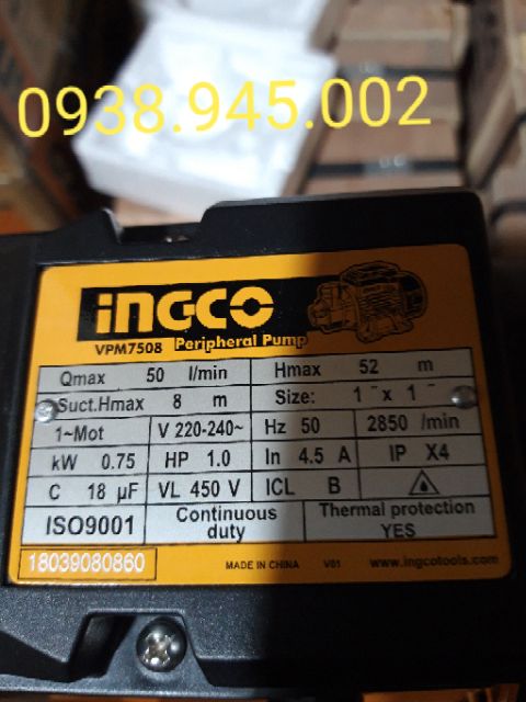 MÁY BƠM NƯỚC CHUYÊN DÙNG 1HP INGCO VPM7508