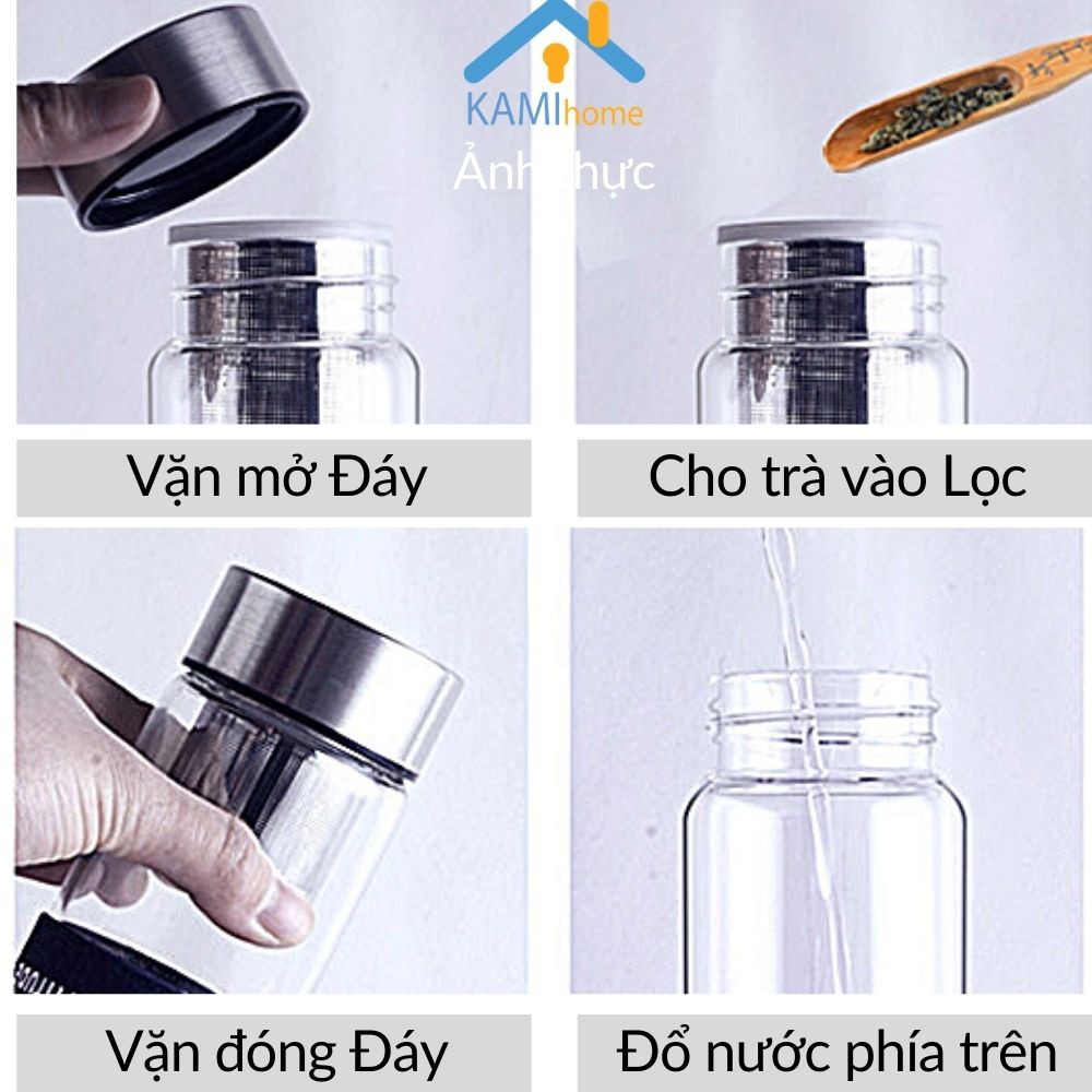 Bình nước thủy tinh pha trà hoa có lõi lọc inox 450ml cầm tay mang theo người Mã22044