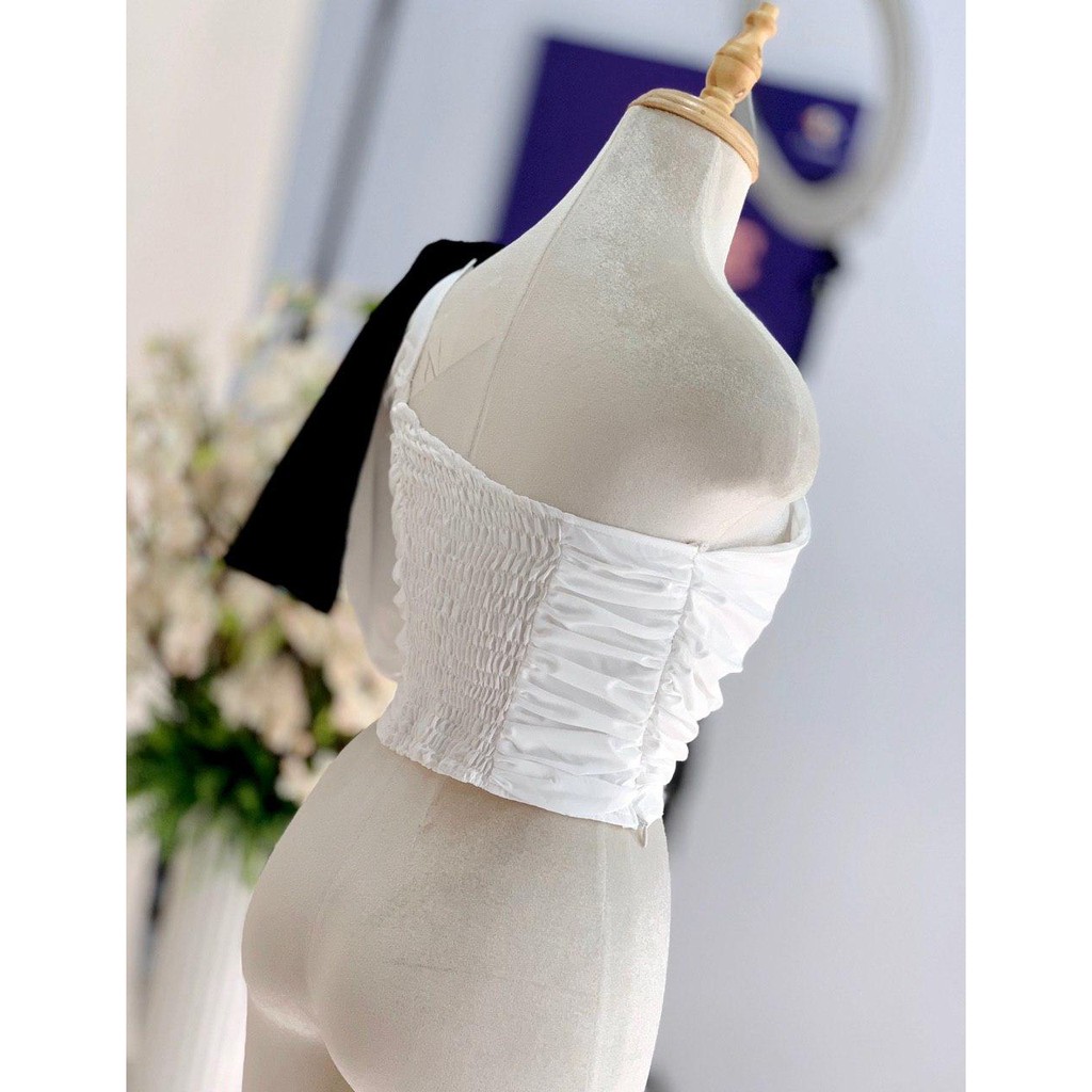 (HÌNH THẬT) Áo Croptop Lệch Vai Nơ MONY (ÁO TRẮNG NƠ ĐEN)