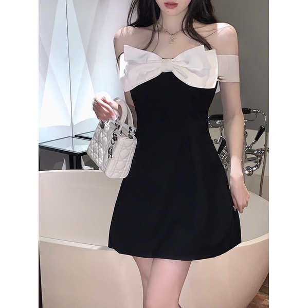 Đầm váy nữ trễ vai phối nơ đen trắng tiểu thư sang chảnh hot ulzzang