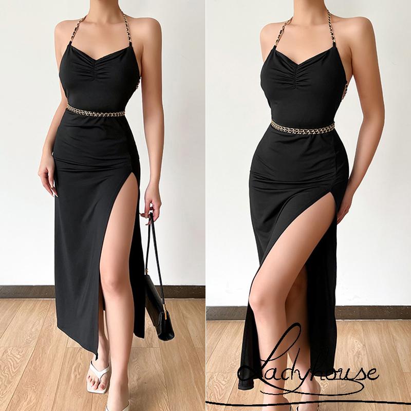 Đầm Dài Hai Dây Hở Lưng Xẻ Tà Cột Dây Chéo Thời Trang Cho Nữ