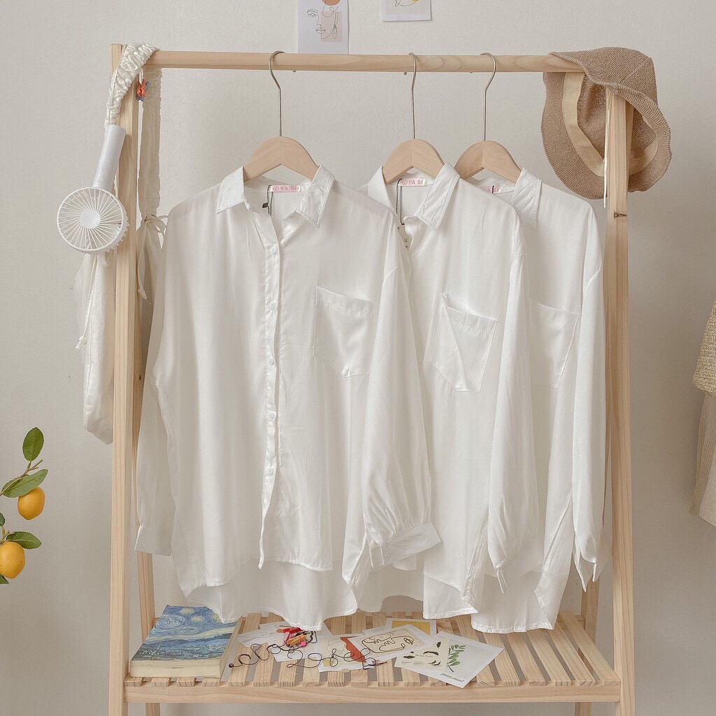 Áo sơmi trắng nữ, áo sơmi lụa Hàn có cổ bẻ, mix túi trước ngực cực xinh cho các nàng