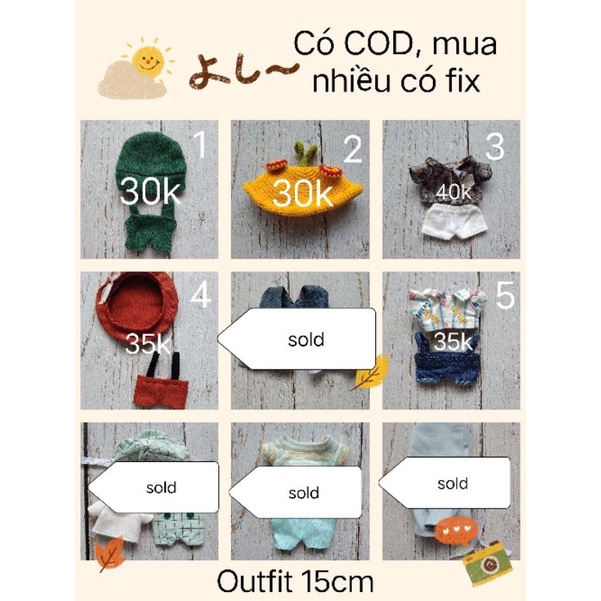 Quần áo cho búp bê 15cm có sẵn
