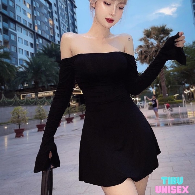 Đầm body sexy tay dài loe TIBU, Váy nữ ôm trễ vai xoè màu đen chất thun gân co dãn dự tiệc đi chơi cực xinh